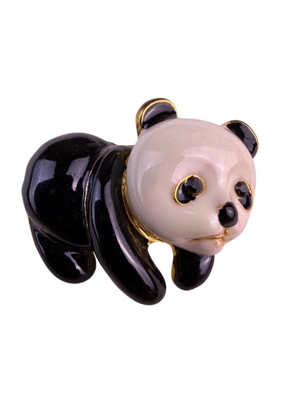 Gold Tone Enamel Panda Brooch With Rhinestone Accents Black & White Unique Pin